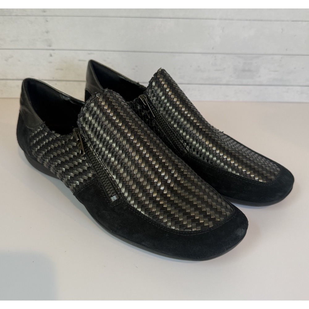 Sesto Meucci Women's 9M Woven Leather Suede Zip Shoes Black Metallic Italy